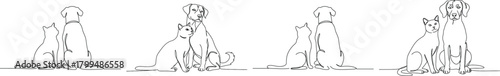 Minimal One Line Cat and Dog Sitting Together Pet Friendship Clipart