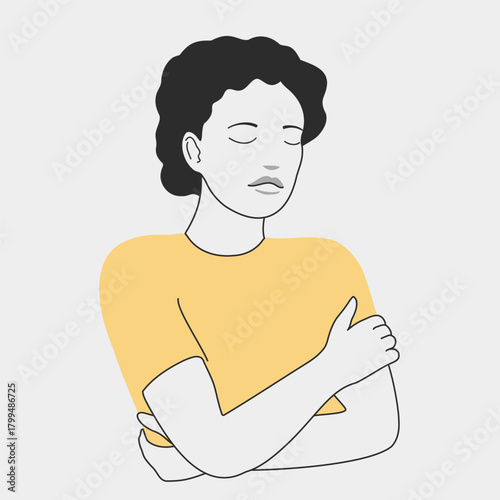 Young woman hugging herself. Concept of self-love, self-care and mental health. Illustration in modern flat style. Warm soothing colors and clean lines.