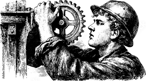Man working on a gear in vintage engraving style. Detailed vector illustration depicting industrial equipment and labor set in a historical context.