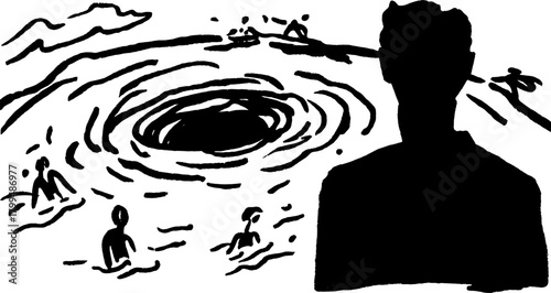 Water whirlpool with swimmers in silhouette style. Minimalist vector illustration depicting ocean activity and nature in a simple design set.