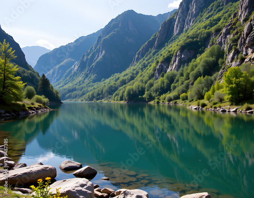 the craggy mountain rocks, the smooth reflective water, and the lush greenery teeming with unseen wildlife, The position leaves ample space at the bottom for.