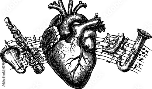 Heart intertwined with musical instruments like saxophone and trumpet. Black and white vintage vector illustration with musical notes, set of drawings.
