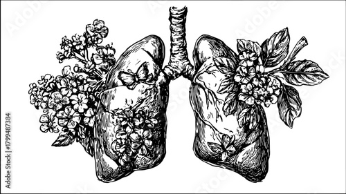 Lungs with flowers and leaves in a handdrawn black and white style. Botanical anatomy vector illustration with butterflies and detailed line art.