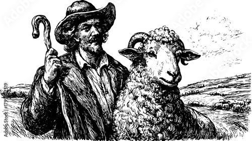 Shepherd and ram in a rural pasture. Vintage black and white vector illustration with countryside background.