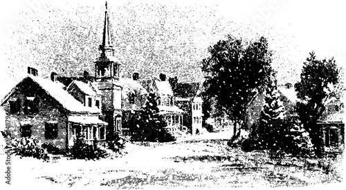 Vintage black and white vector illustration of a church and buildings in a rural setting. Detailed outline set showcasing the charming landscape.