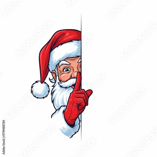Santa claus peeking around a corner with finger to lips isolated on white background