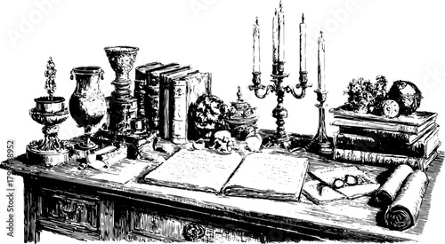 Antique engraving of a classic table set. The scene features books, a candelabra, and various objects in a vintage style vector illustration.