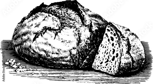 Vintage engraving of bread featuring a sliced loaf. Hand-drawn illustration set of natural food in a rustic bakery context.