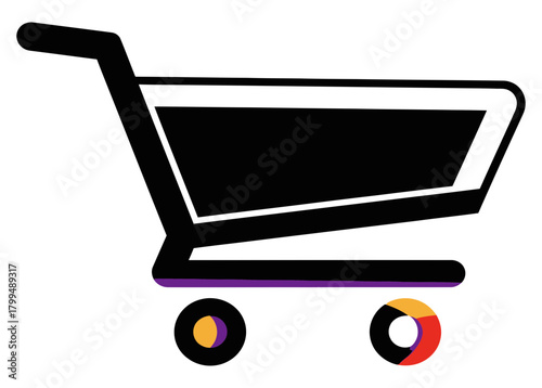 Black shopping cart icon with colorful wheels isolated on for online store concept