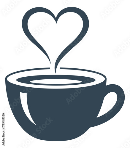 Cup of coffee with heart shaped steam isolated on, representing love and warm beverage