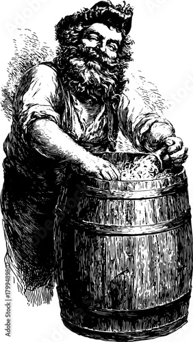 Engraving of a male bartender pouring beer from a barrel. A vintage vector illustration with a detailed outline and stipple texture.