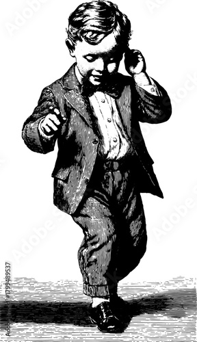 Vintage child illustration in classic attire. Black silhouette drawing in retro style, featuring a bowtie. Vector illustration set.