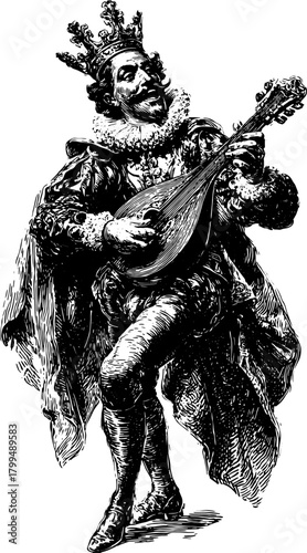 King musician playing lute in an antique engraving style. Vintage illustration showcasing elegant attire and historical detail in vector format.