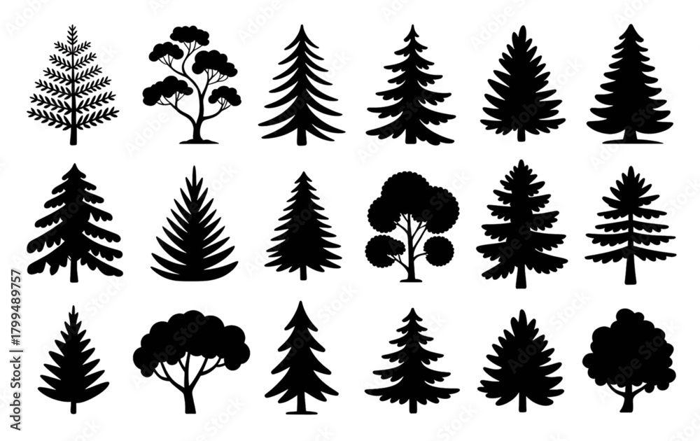 Fototapeta premium Collection of Coniferous and Deciduous Tree Vector Silhouettes in Green Tones - Ideal Graphic Elements for Forest Maps, Nature Infographics, and Woodland Logos.