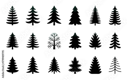 Diverse Pine Tree Vector Icon Set in Silhouette Style - Coniferous Forest Graphic Elements for Maps, Logos, and Nature Illustrations.
