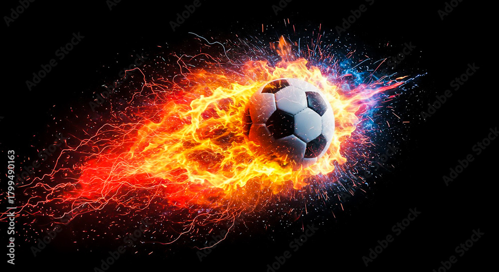 Fototapeta premium Flaming Soccer Ball on Black Background