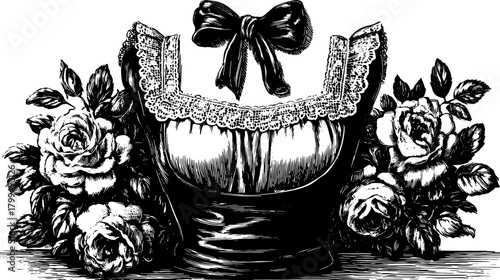 Antique engraving of a garment with floral designs and lace. This hand-drawn vector illustration captures elegance and traditional style.