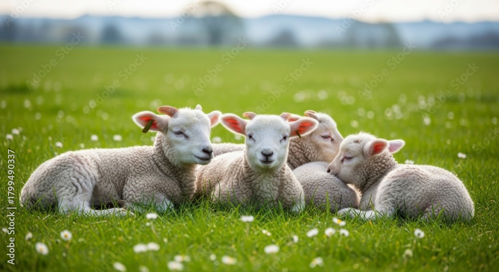 Obraz premium Four adorable young lambs resting peacefully together in a vibrant green meadow filled with small white flowers under a soft sky.