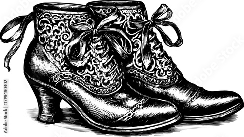 Antique shoes illustrated in a hand-drawn style. Detailed vector illustration showcasing elegant design and vintage aesthetics.
