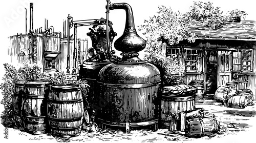 Engraving of an antique distillery set featuring machinery and barrels. Hand-drawn vector illustration showcases traditional production methods.