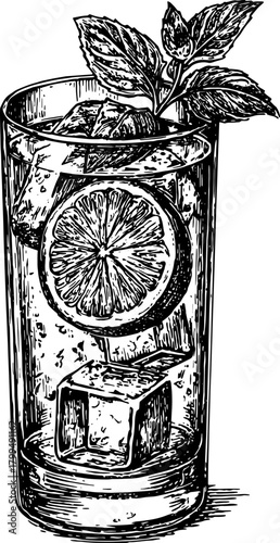 Cocktail glass with lemon, mint, and ice in a handdrawn style. Vintage black and white vector illustration for menu or bar use.