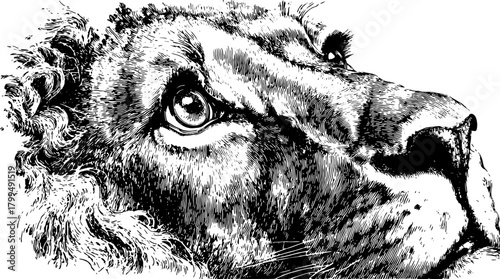 Lion head illustration in black and white. Detailed vector art showcasing the animal's mane and expression in a realistic style.