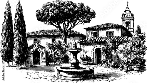 Classic house with a fountain and cypress trees. Detailed black and white vector illustration of a charming garden set in a tranquil landscape.