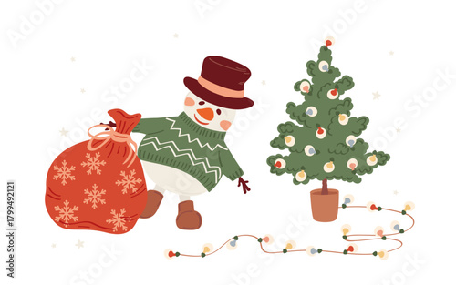 Cute snowman Santa's helper with gift bag. Christmas presents delivery vector illustration. Winter holidays hand drawn design.