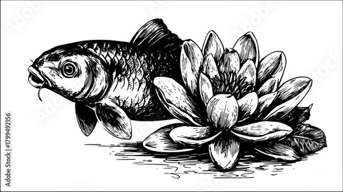 Koi fish and lily flower in black and white outline. Vintage vector illustration set, ideal for decorative art elements or prints.