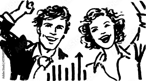 Business success illustration featuring happy people celebrating together with a financial graph. A vector monochrome sketch captures growth and motivation.