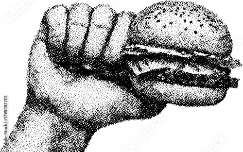 Hand holding a burger in a vintage style. Black outline vector illustration set, suitable for food menus or graphical use.
