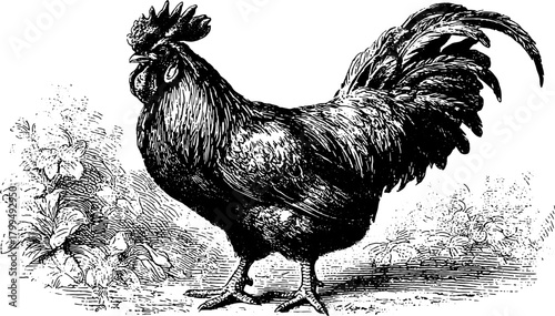 Rooster with detailed feathers and large tail in vintage engraving style. Black and white vector illustration of farm animal.