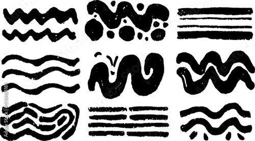 Hand-drawn black silhouette line art featuring various wave patterns. Decorative vector illustration set for modern design.