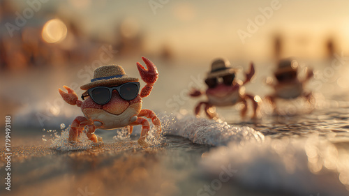 擬人化されたカニが浜辺を歩く、ユーモラスで愛らしい光景