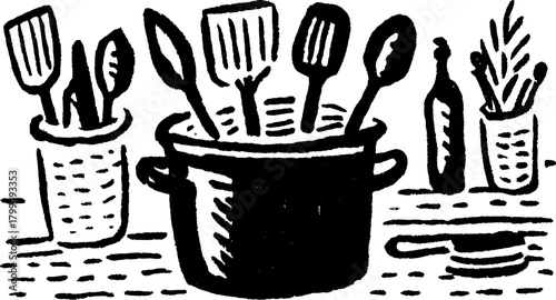 Cooking utensils and a bowl in black hand-drawn style. Simple kitchen tools vector illustration set suitable for food-related contexts.