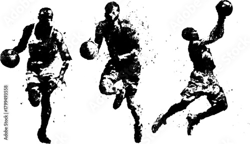 Basketball players in action, showcasing jump and throw movements. Dynamic vector illustrations in monochrome style.