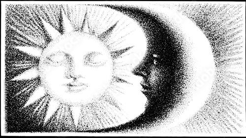 Sun and moon face illustration in black and white. Simple vector art showing celestial harmony and symbolism in a cohesive set.