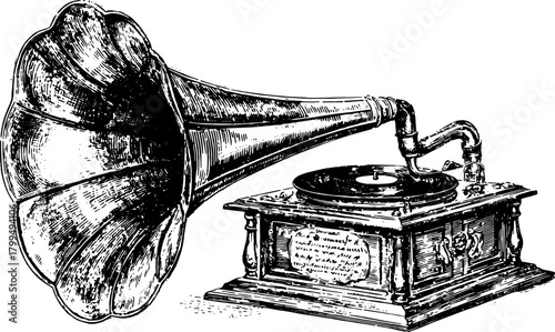 Vintage gramophone with a detailed design and record player. Classic black and white vector illustration highlighting musical equipment in a set.