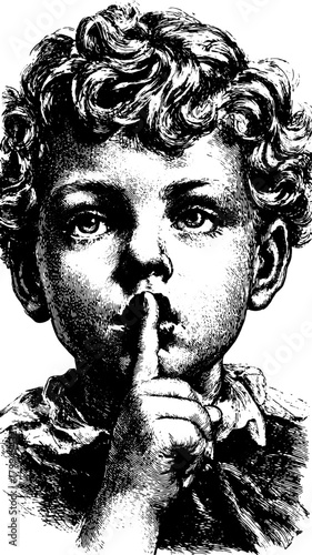 Child silhouette as an engraved vintage print. Hand-drawn black outline vector illustration with classic details in antique style.