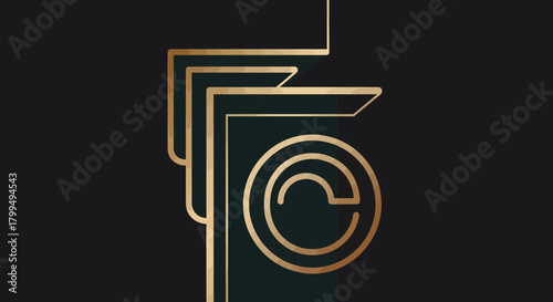 Sophisticated art deco inspired golden geometric emblem, perfect for luxury branding, featuring intricate lines and a stylized circular motif against a deep, dark backdrop