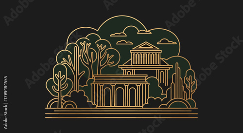 Vector illustration of classical architecture and stylized trees in gold and green line art on a dark background. Elegant geometric design blending history and nature