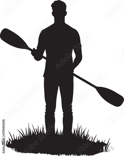 Black silhouette of a man holding a paddle on grass