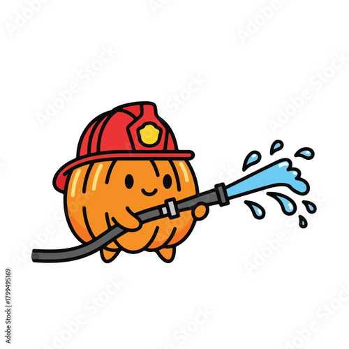 A cartoon pumpkin character wearing a red firefighter helmet holds a hose spraying water in a playful, colorful illustration with bold lines and bright orange tones against a clean white