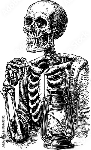Vintage outline of a skeleton holding a lantern. Black and white vector illustration showcasing classic graphic detail and texture.