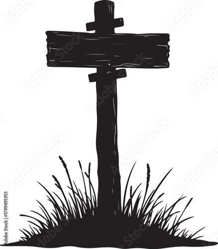 Black silhouette of a wooden signpost with grass black and white