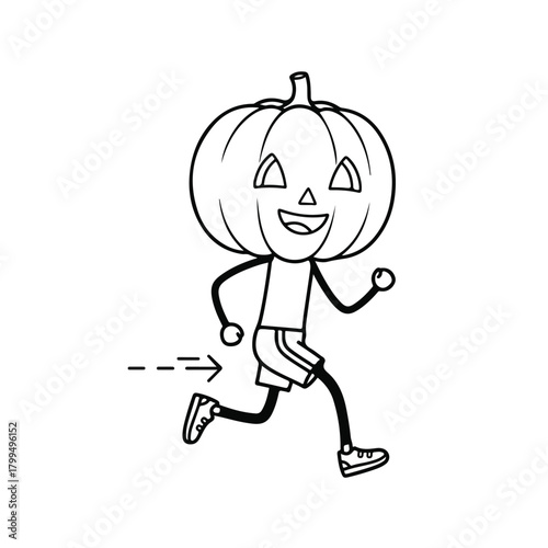 A cartoon pumpkin character wearing a t-shirt and shorts, running with a motion line behind it, depicted in a simple black line drawing style against a clean white background with a playful