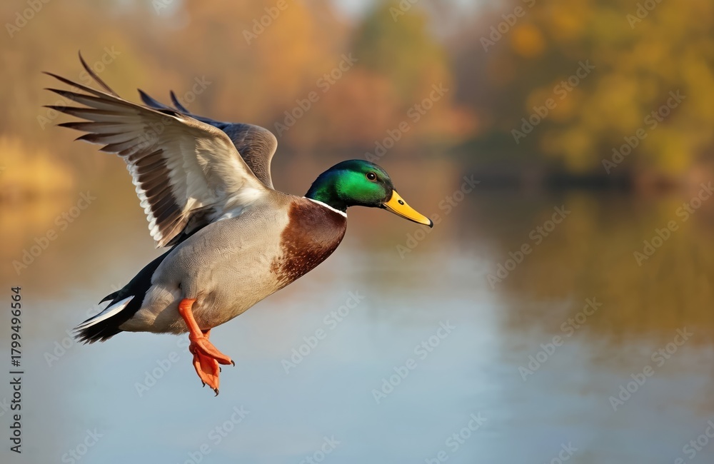 Fototapeta premium Male mallard duck flies over water. Bird with green head, yellow beak, outstretched wings prepares to land. Autumn forest reflects on lake surface.