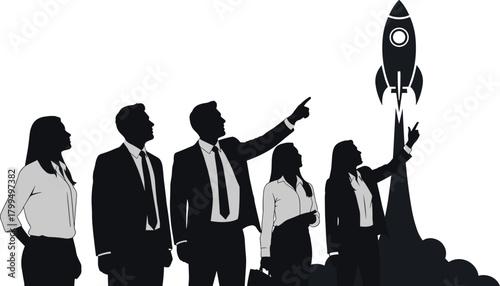 Business team celebrating rocket launch, startup success, innovation, teamwork, leadership, project growth, ambition, silhouette concept, future vision, achievement