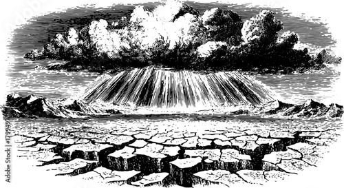 Antique engraving depicting a landscape with clouds and light. Black outline drawing illustrates dry land texture in a classic vector style.
