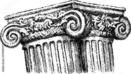 Classic column with ornate details in black and white. This stylized vector illustration showcases architectural features in an elegant design set.